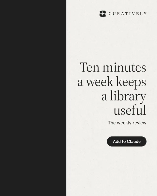 Instagram portrait post for Curatively: "Ten minutes a week keeps a library useful". Data card style, right layout, light palette in white, black.
