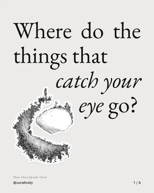 Carousel for Curatively: "Where do the things that catch your eye go?". Cutout essay, 6 slides, light palette.