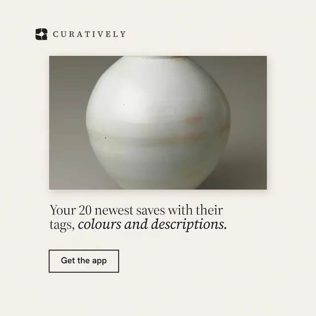 Instagram post for Curatively: "Your 20 newest saves with their tags, colours and descriptions." Editorial style, bottom layout, light palette in white, grey.