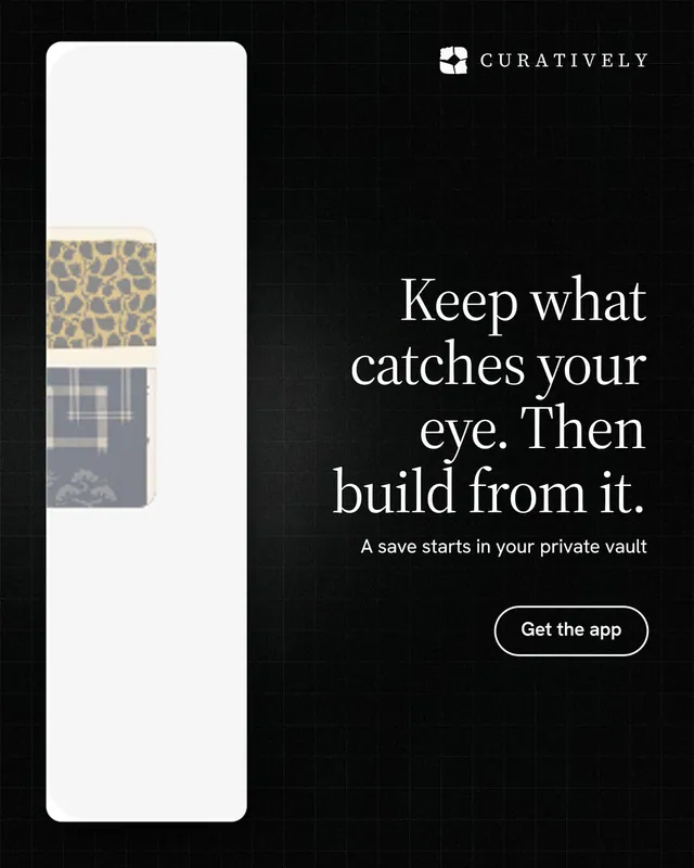 Instagram portrait post for Curatively: "Keep what catches your eye. Then build from it." Phosphor atlas style, right layout, dark palette in black, white.