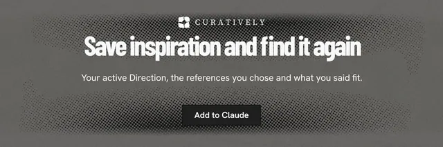 X header for Curatively: "Save inspiration and find it again". Ink sticker style, centred layout, dark palette in grey.