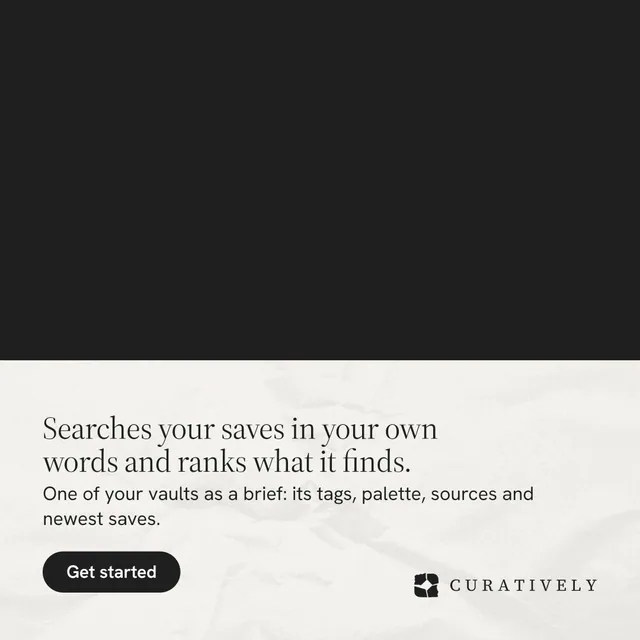 Instagram post for Curatively: "Searches your saves in your own words and ranks what it finds." Data card style, bottom layout, light palette in black, white, grey.