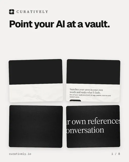 Carousel for Curatively: "Point your AI at a vault.". Collection carousel, 8 slides, light palette.
