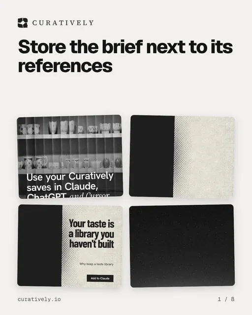 Carousel for Curatively: "Store the brief next to its references". Collection carousel, 8 slides, light palette.
