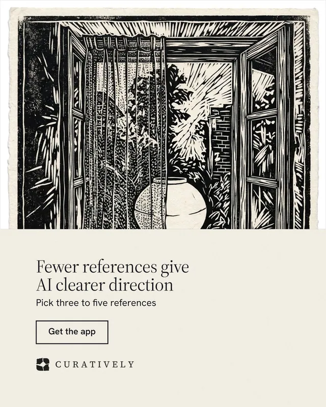 Instagram portrait post for Curatively: "Fewer references give AI clearer direction". Editorial style, bottom layout, light palette in yellow, black, grey.