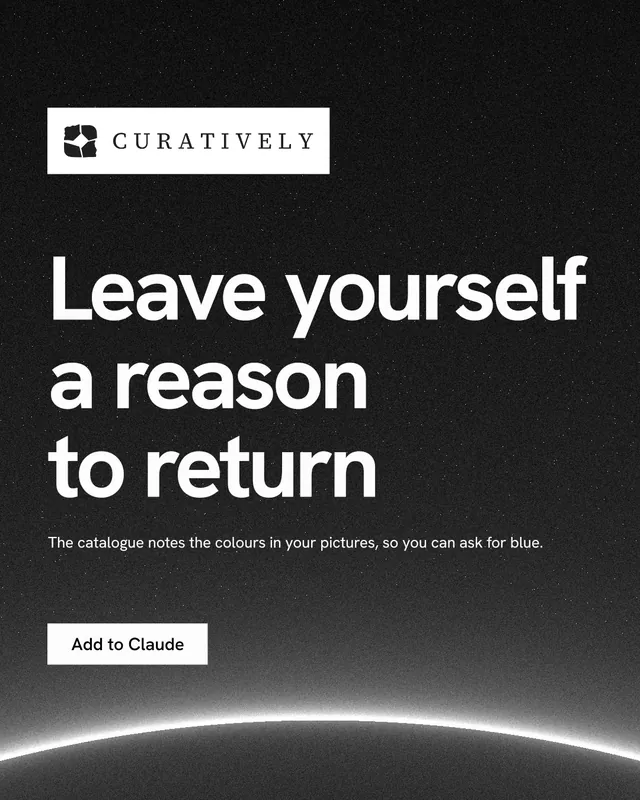 Instagram portrait post for Curatively: "Leave yourself a reason to return". Swiss style, announce layout, dark palette in black, grey.