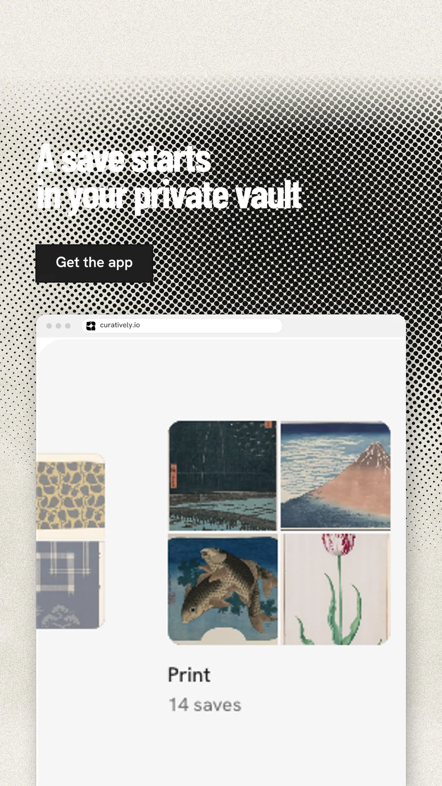 Instagram story for Curatively: "A save starts in your private vault". Ink sticker style, browser layout, light palette in white, grey.