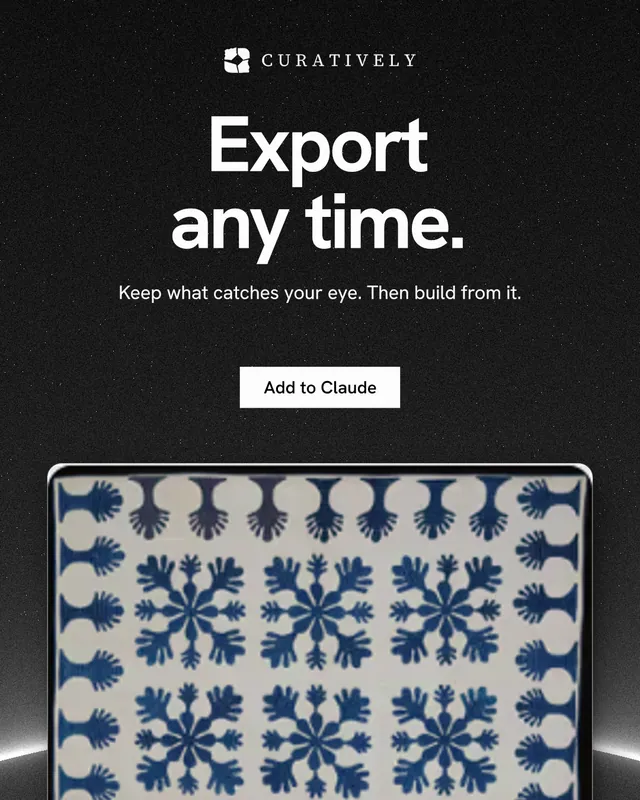 Instagram portrait post for Curatively: "Export any time." Swiss style, centred layout, dark palette in grey, black.