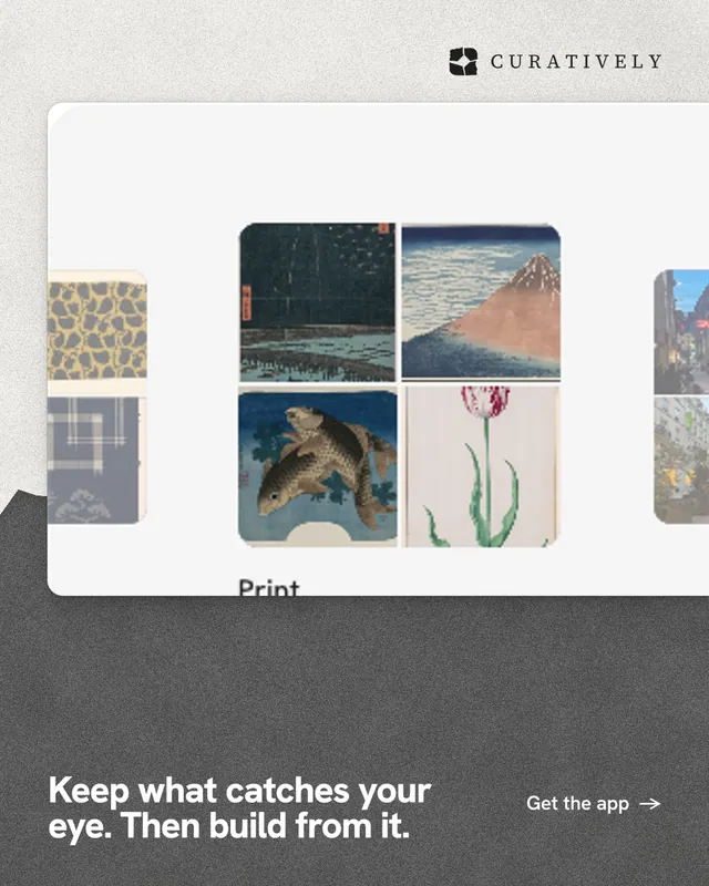 Instagram portrait post for Curatively: "Keep what catches your eye. Then build from it." Paper trio style, image led layout, light palette in white, grey.