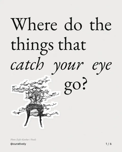 Carousel for Curatively: "Where do the things that catch your eye go?". Cutout essay, 6 slides, light palette.