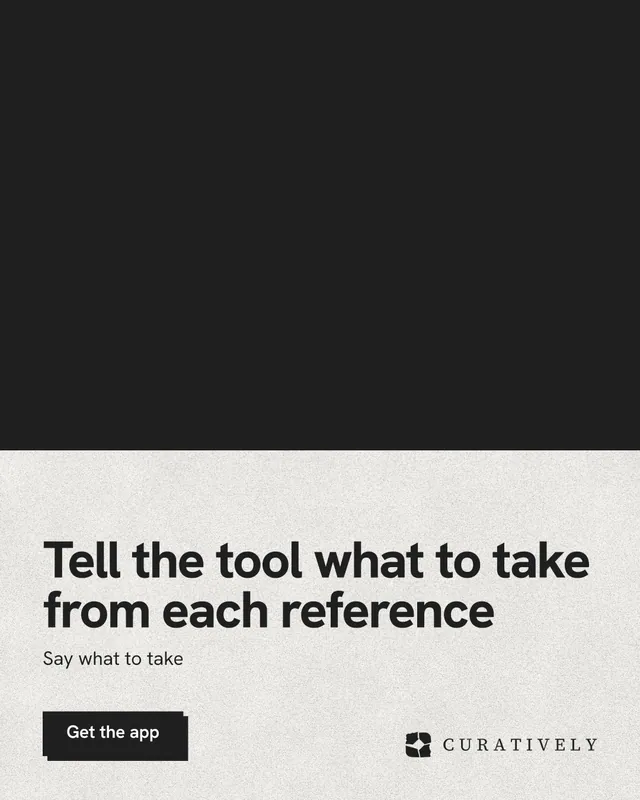 Instagram portrait post for Curatively: "Tell the tool what to take from each reference". Paper trio style, bottom layout, light palette in black, white.