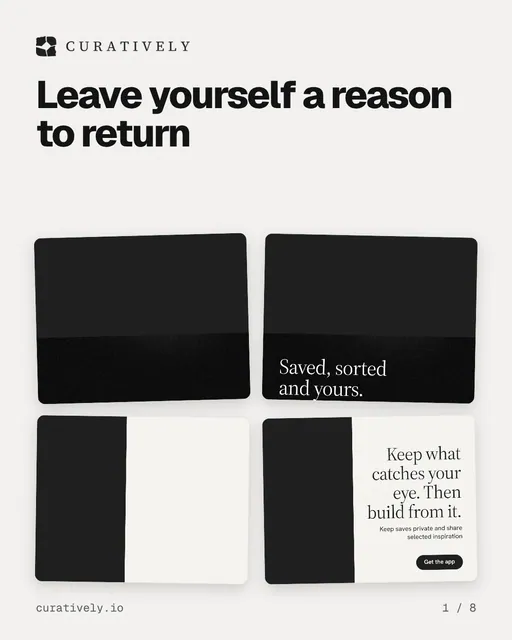 Carousel for Curatively: "Leave yourself a reason to return". Collection carousel, 8 slides, light palette.