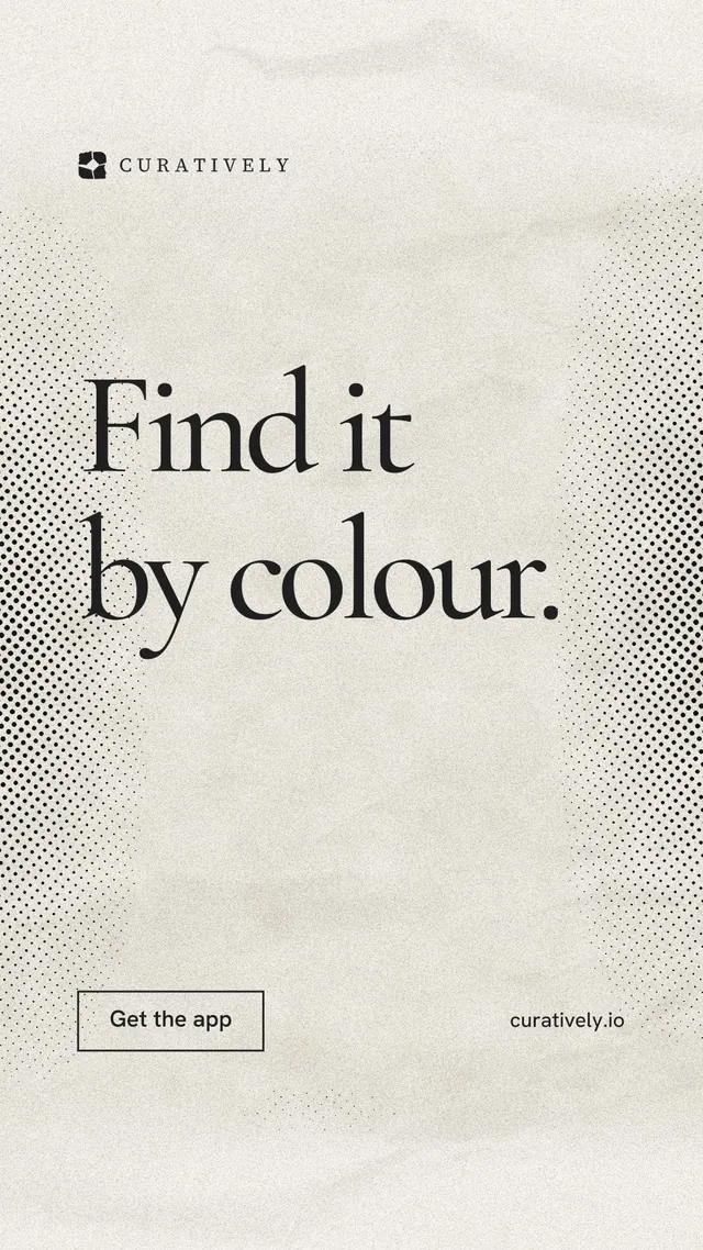 Instagram story for Curatively: "Find it by colour." Editorial style, poster layout, light palette in white, grey, yellow.