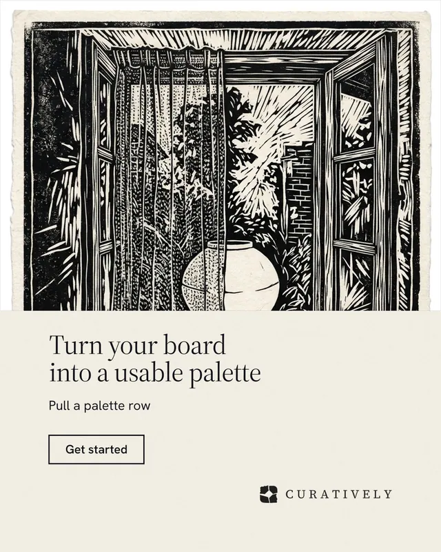 Instagram portrait post for Curatively: "Turn your board into a usable palette". Editorial style, bottom layout, light palette in yellow, black, grey.