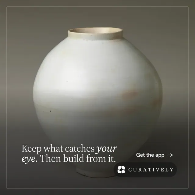 Instagram post for Curatively: "Keep what catches your eye. Then build from it." Editorial style, image led layout, dark palette in grey, black, white.