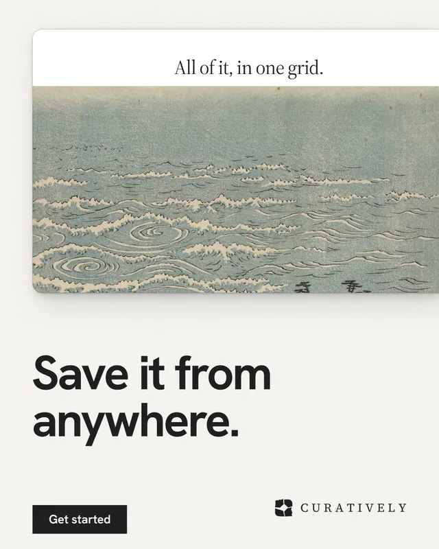Instagram portrait post for Curatively: "Save it from anywhere." Swiss style, bottom layout, light palette in white, grey.