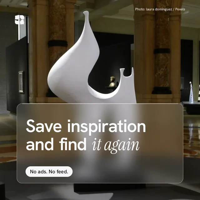Instagram post for Curatively: "Save inspiration and find it again". Glass style, technique:pexels ingredient layout, dark palette in orange, black, grey.