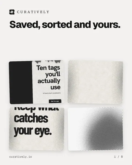 Carousel for Curatively: "Saved, sorted and yours.". Collection carousel, 8 slides, light palette.
