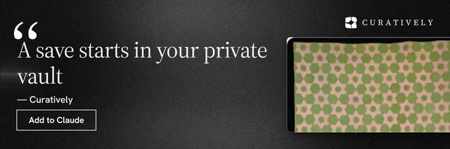 X header for Curatively: "A save starts in your private vault". Dark deco style, quote layout, dark palette in black, yellow, grey.