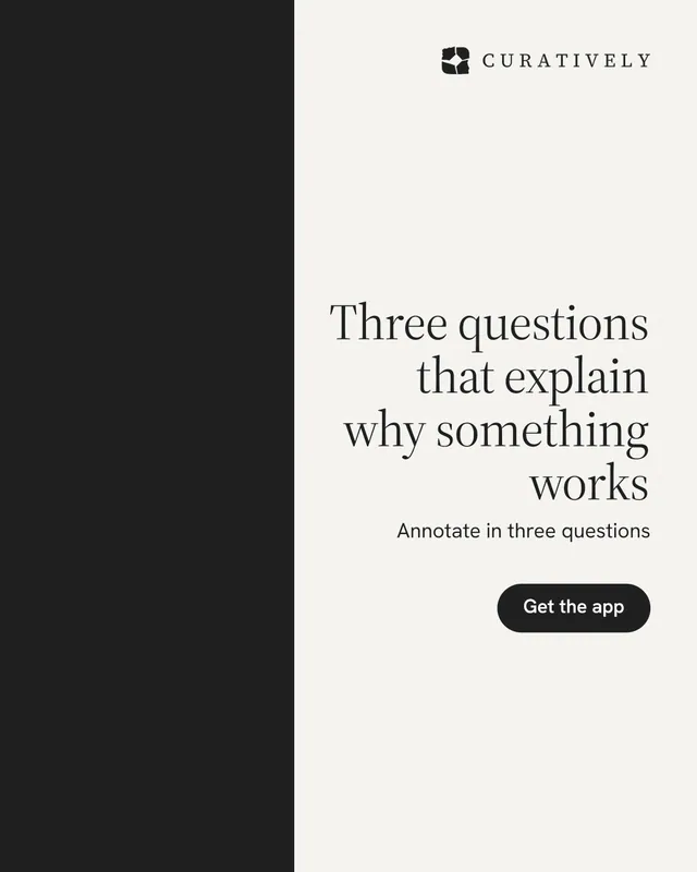 Instagram portrait post for Curatively: "Three questions that explain why something works". Data card style, right layout, light palette in white, black.