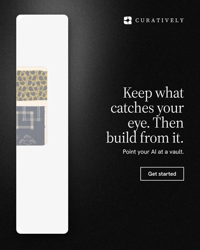 Instagram portrait post for Curatively: "Keep what catches your eye. Then build from it." Dark deco style, right layout, dark palette in black, white.