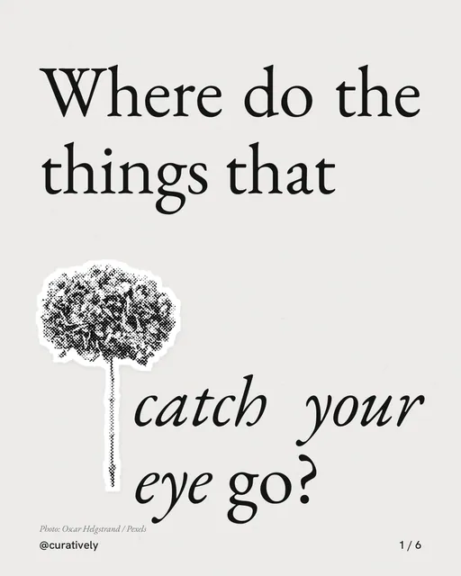 Carousel for Curatively: "Where do the things that catch your eye go?". Cutout essay, 6 slides, light palette.