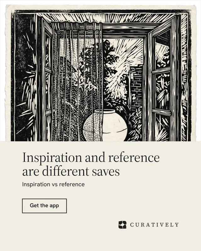 Instagram portrait post for Curatively: "Inspiration and reference are different saves". Editorial style, bottom layout, light palette in yellow, black, grey.