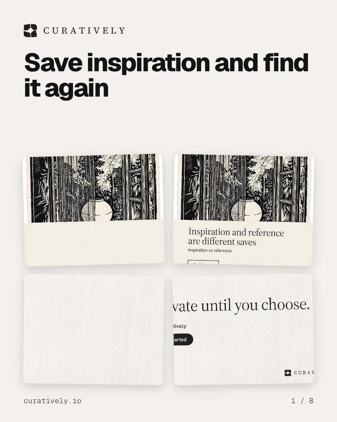 Carousel for Curatively: "Save inspiration and find it again". Collection carousel, 8 slides, light palette.