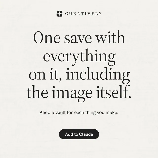 Instagram post for Curatively: "One save with everything on it, including the image itself." Data card style, centred layout, light palette in white, grey.