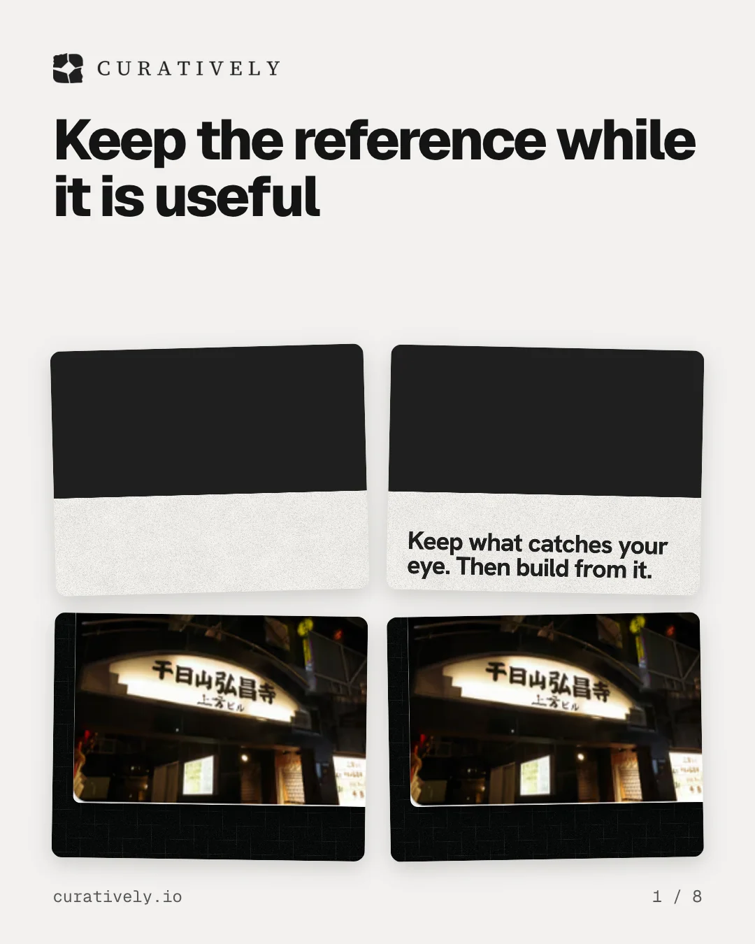 Carousel for Curatively: "Keep the reference while it is useful". Collection carousel, 8 slides, light palette.