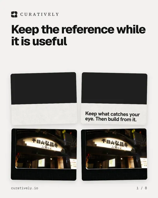 Carousel for Curatively: "Keep the reference while it is useful". Collection carousel, 8 slides, light palette.