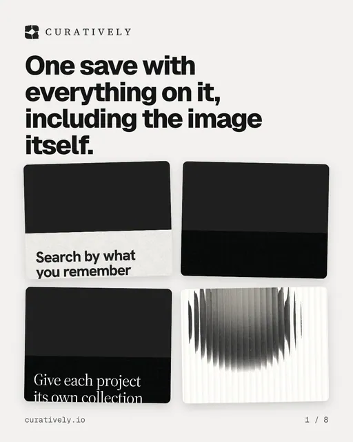 Carousel for Curatively: "One save with everything on it, including the image itself.". Collection carousel, 8 slides, light palette.