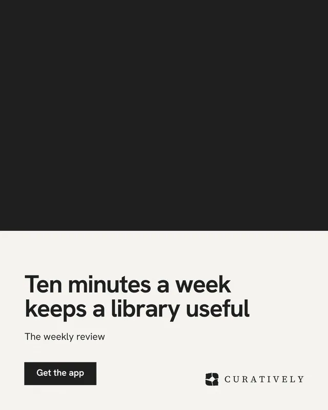 Instagram portrait post for Curatively: "Ten minutes a week keeps a library useful". Swiss style, bottom layout, light palette in black, white.