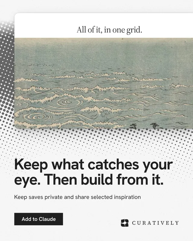 Instagram portrait post for Curatively: "Keep what catches your eye. Then build from it." Swiss style, bottom layout, light palette in white, grey.
