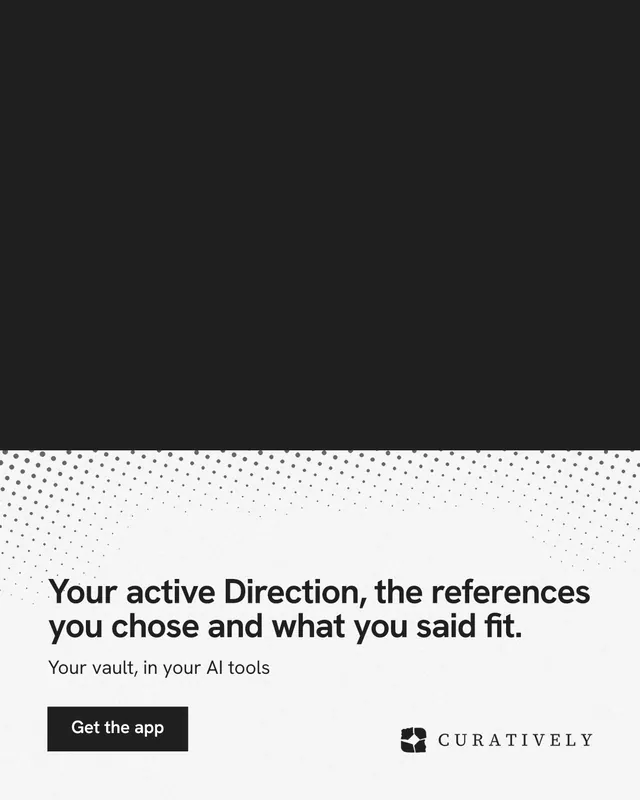 Instagram portrait post for Curatively: "Your active Direction, the references you chose and what you said fit." Swiss style, bottom layout, light palette in black, white, grey.