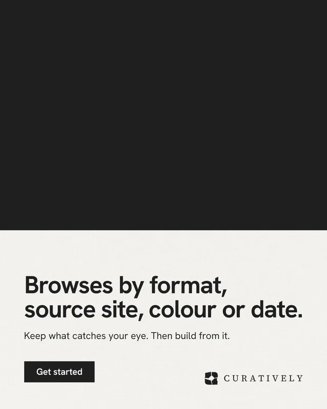 Instagram portrait post for Curatively: "Browses by format, source site, colour or date." Swiss style, bottom layout, light palette in black, white, grey.