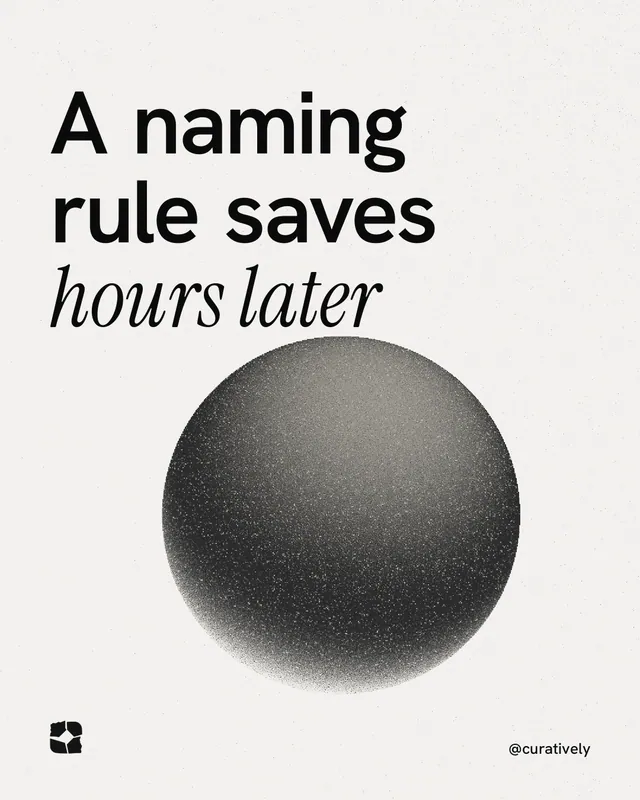 Instagram portrait post for Curatively: "A naming rule saves hours later". Auto 4x5 style, technique:shader field layout, light palette in white, grey.