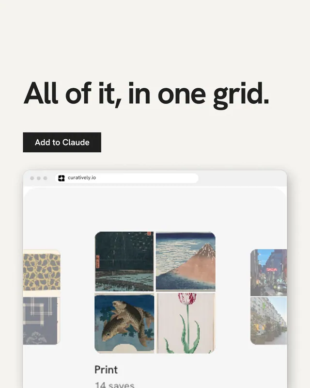 Instagram portrait post for Curatively: "All of it, in one grid." Swiss style, browser layout, light palette in white, grey.