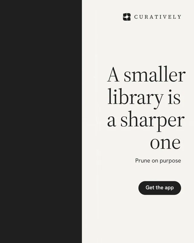 Instagram portrait post for Curatively: "A smaller library is a sharper one". Data card style, right layout, light palette in white, black.
