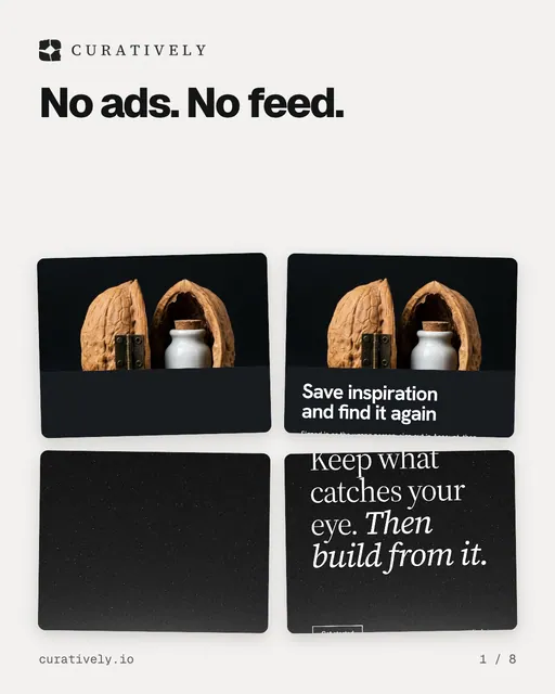 Carousel for Curatively: "No ads. No feed.". Collection carousel, 8 slides, light palette.