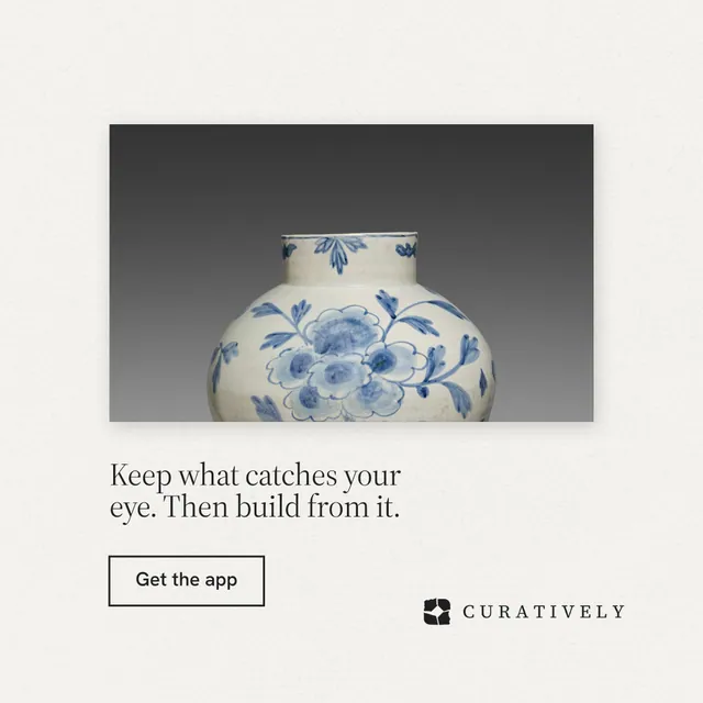 Instagram post for Curatively: "Keep what catches your eye. Then build from it." Editorial style, bottom layout, light palette in white, grey.