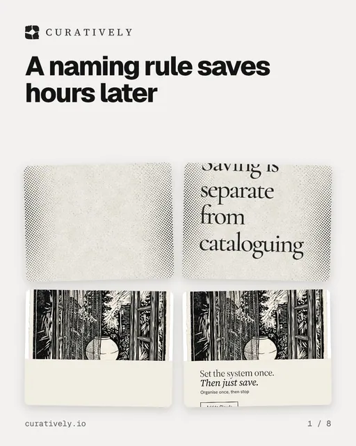 Carousel for Curatively: "A naming rule saves hours later". Collection carousel, 8 slides, light palette.