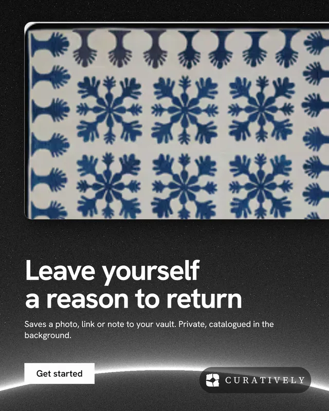 Instagram portrait post for Curatively: "Leave yourself a reason to return". Swiss style, bottom layout, dark palette in black, grey.
