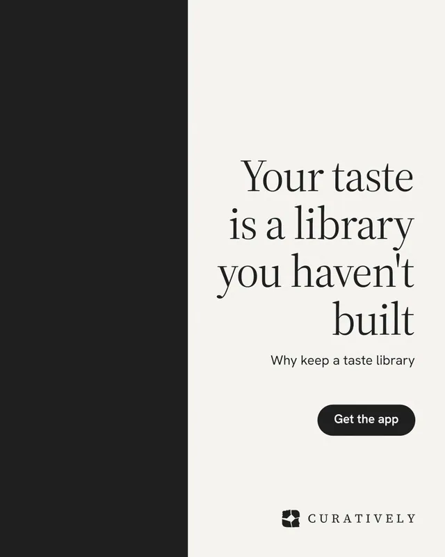 Instagram portrait post for Curatively: "Your taste is a library you haven't built". Data card style, right layout, light palette in white, black.