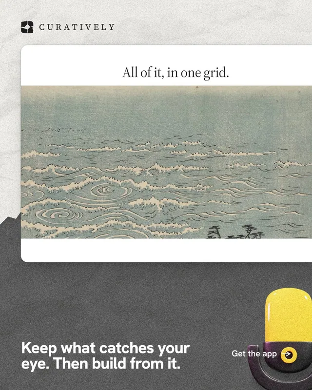 Instagram portrait post for Curatively: "Keep what catches your eye. Then build from it." Paper trio style, image led layout, light palette in grey, white.