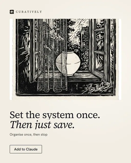 Video for Curatively: "Set the system once. Then just save.". Doc motion loop, 8.0 s, light palette.
