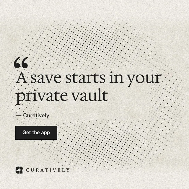 Instagram post for Curatively: "A save starts in your private vault". Ink sticker style, quote layout, light palette in white, yellow, grey.