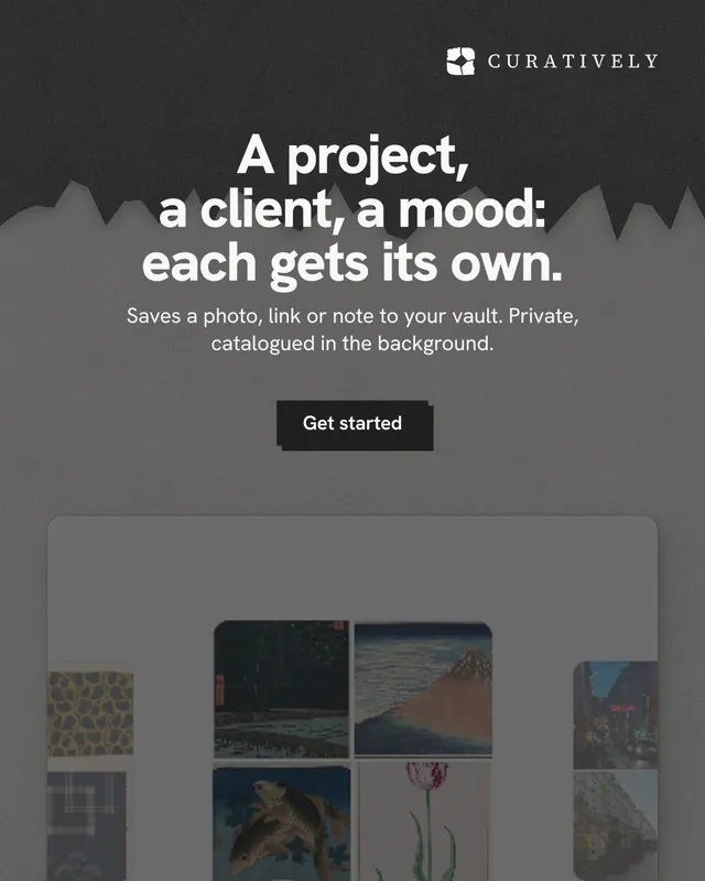 Instagram portrait post for Curatively: "A project, a client, a mood: each gets its own." Paper trio style, centred layout, dark palette in grey, black.