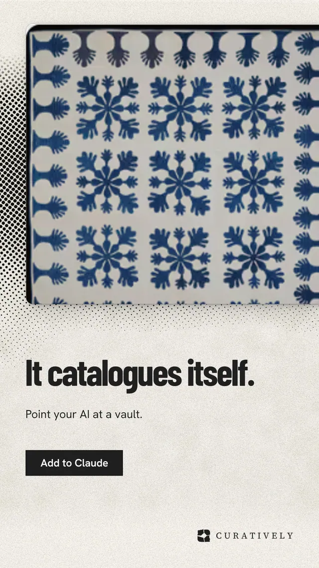 Instagram story for Curatively: "It catalogues itself." Ink sticker style, bottom layout, light palette in grey, yellow, white.