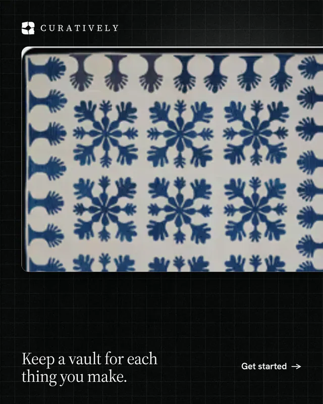 Instagram portrait post for Curatively: "Keep a vault for each thing you make." Phosphor atlas style, image led layout, dark palette in grey, black.